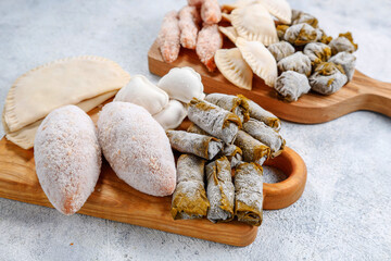 Raw semi finished frozen products, meals.
