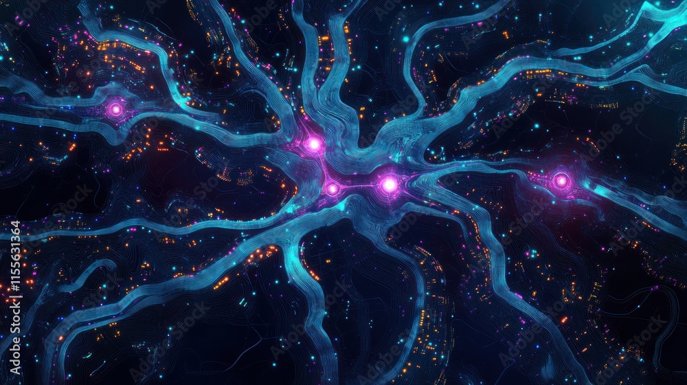 Poster abstract glowing neural network, digital art.