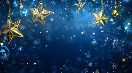 Festive Golden Stars and Ornaments Hanging Amidst a Sparkling Blue Winter Background Perfect for Holiday Celebrations and Seasonal Greetings Backgrounds