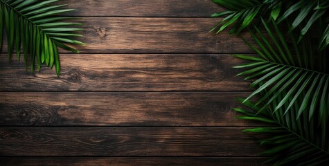 Lush green palm leaves on dark brown wooden surface.