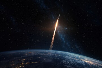 A rocket ascends into space, leaving a bright trail as it heads away from Earth, surrounded by stars and the vastness of the universe.