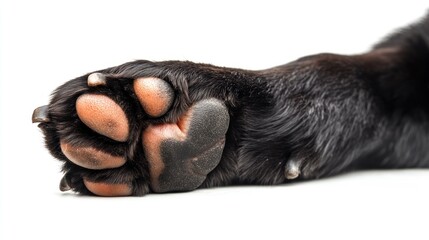 Obraz premium Close-up of a black dog's paw with visible pads and claws against a white background.