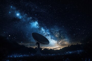 A stunning night sky filled with stars and the Milky Way, featuring a large satellite dish silhouetted against the cosmic backdrop.