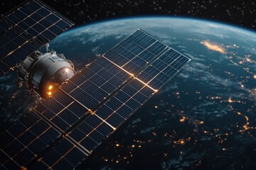 A satellite orbits Earth, showcasing solar panels and illuminated cities below, highlighting technological advancement and our planet"s beauty from space.