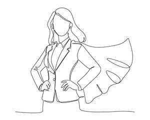 A person wearing a suit and a flowing cape, posed confidently with one hand on the hip. professional attire with superhero motifs, symbolizing empowerment and strength. Continuous line drawing design
