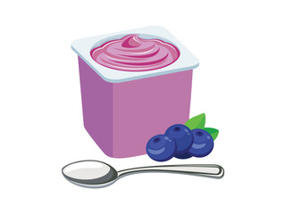 Blueberry yogurt in a plastic cup and spoon vector illustration. Blueberry yogurt plastic cup icon vector isolated on a white background. Fruit yoghurt and fresh blueberries drawing