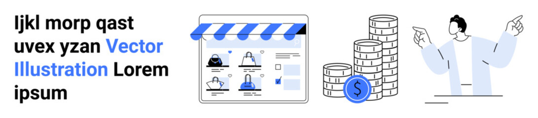 Ecommerce website interface, online shopping, stacked coins with dollar sign, business professional giving presentation. Ideal for digital marketing, ecommerce, online transactions, financial growth