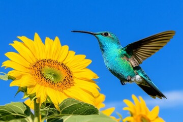 Fototapeta premium A vibrant hummingbird flying over a field of sunflowers, its colors contrasting beautifully with the yellow petals