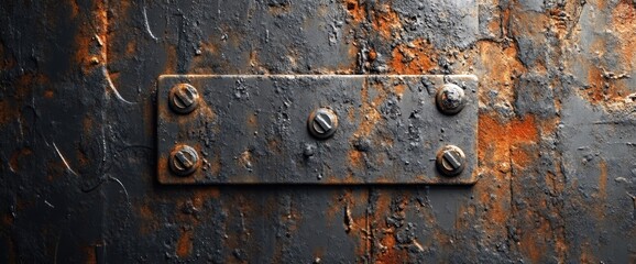 Rusty metal plate with bolts on grunge textured background.
