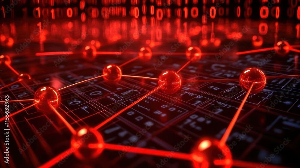 Poster Red glowing nodes connected by lines on a digital circuit board background.