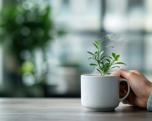 Employee drinking herbal tea with a serene office background, wellness and focus, bright atmosphere