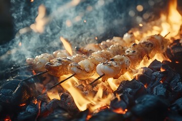 Grilled seafood skewers cooking over hot coals on a barbecue.