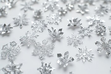 Scattered silver snowflakes on white background.
