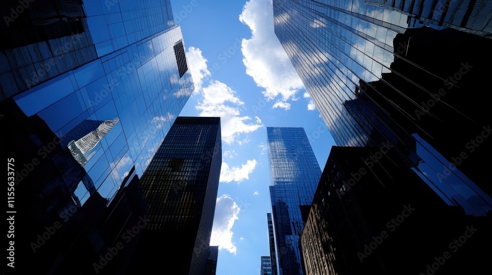 Aufkleber low angle view of skyscrapers against a partly cloudy blue sky.