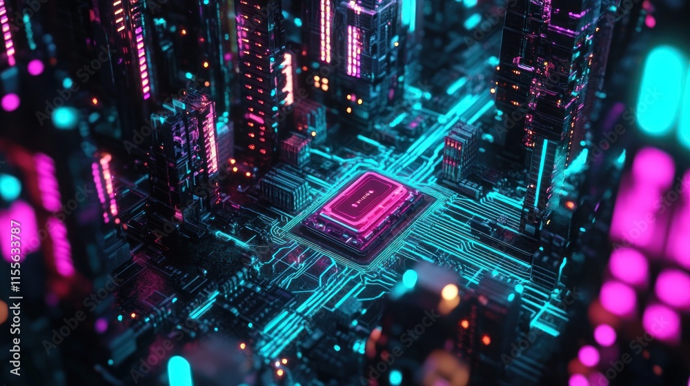 Poster futuristic cyberpunk city built on a central processor.