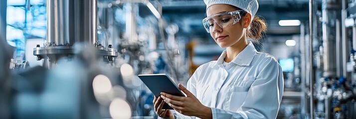 A chemical engineer supervising the production line in a chemical plant, holding a tablet while monitoring equipment operations
