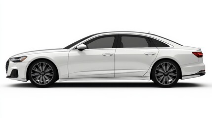 White luxury sedan, side profile view, isolated on white background.