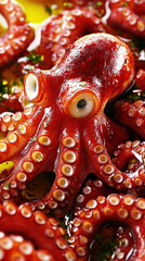 Vibrant red octopus with detailed texture and glistening surface, showcasing its unique features and colors