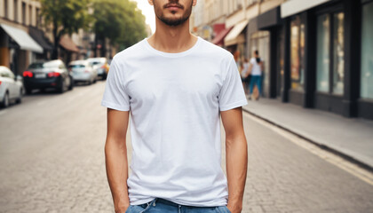 Fototapeta premium Young Model Shirt Mockup, Boy wearing white t-shirt on street in daylight