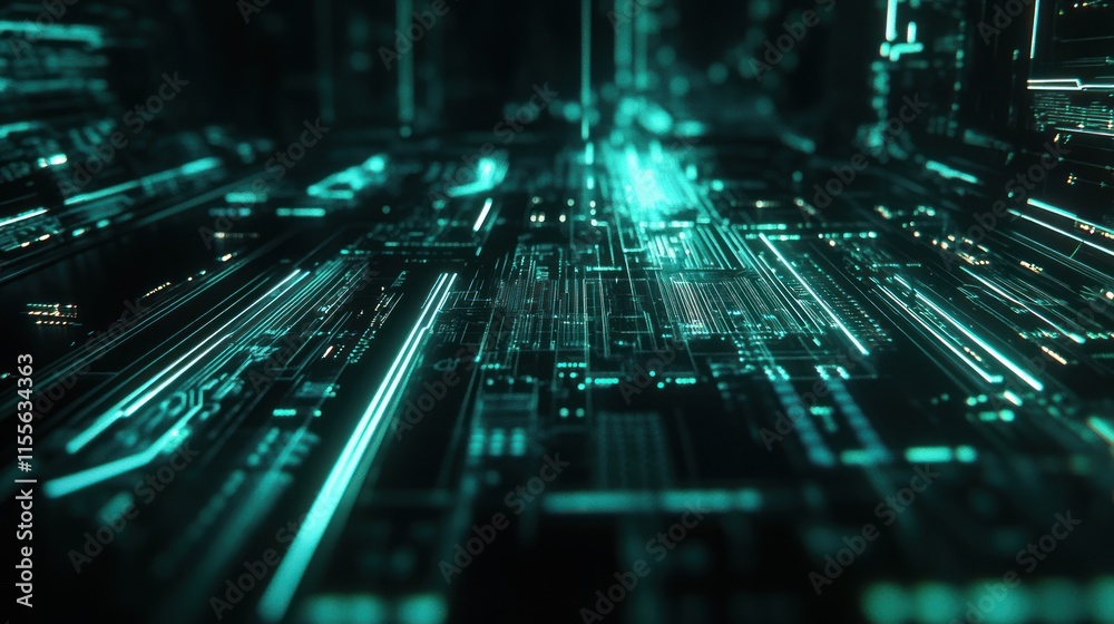 Poster abstract digital data stream, glowing teal lines on dark background.