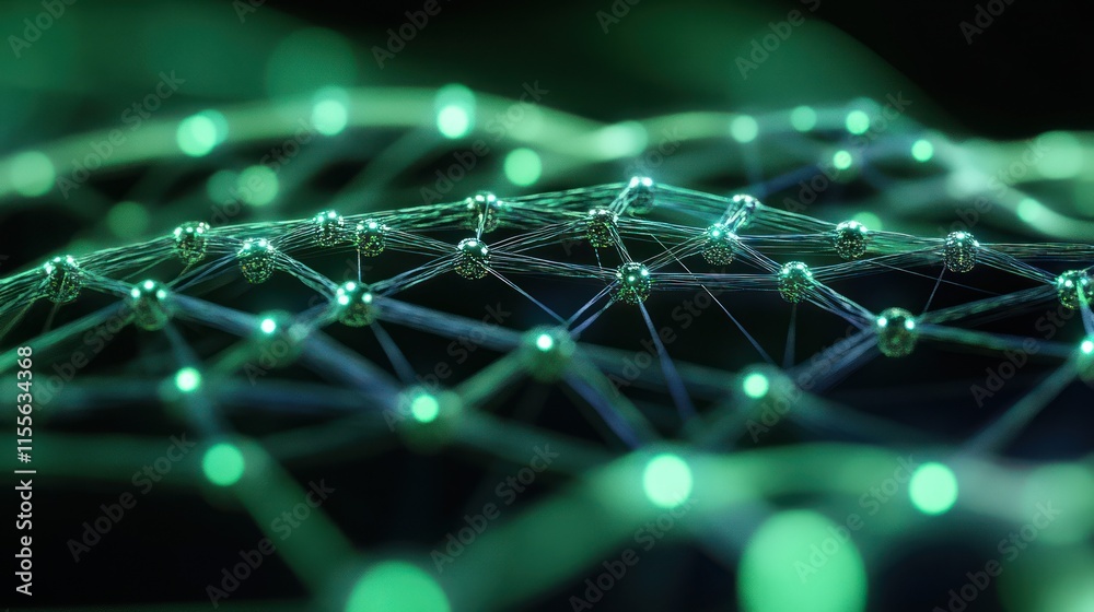 Fototapete abstract green network mesh of glowing nodes and lines.
