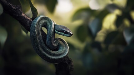 Obraz premium Green snake coiled on a tree branch in lush foliage.