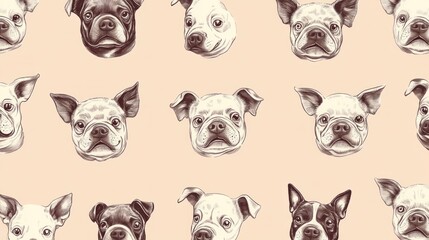 Seamless pattern of Boston Terrier dog heads in sepia tones on a peach background.