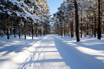 Obraz premium Soft sunlight filters through the tall pine trees onto a well-trodden snowy path, creating a stunning contrast that evokes feelings of peace and nature's beauty.
