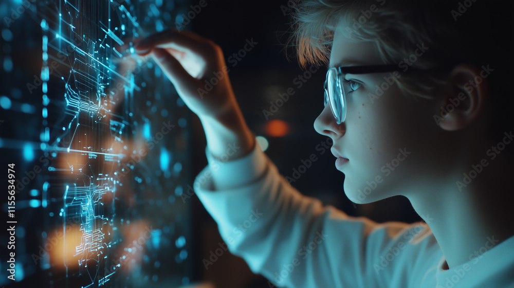 Poster young person interacts with digital interface while exploring technology and innovation in a high-te