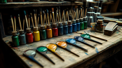 Naklejka premium Vibrant artist's paints and brushes arranged on a rustic wooden table, showcasing a colorful palette ready for creative expression.