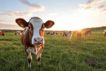 A beautiful brown cow stands in a field at sunset, capturing the essence of serene farm life and the warm glow of the sun setting behind green pastures.