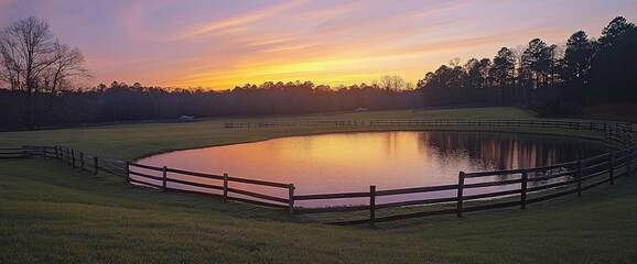 A serene sunset over a pond, reflecting vibrant colors and surrounded by nature.