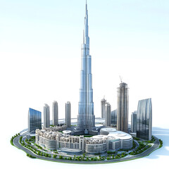 3D model of a modern city skyline with a tall skyscraper at the center.