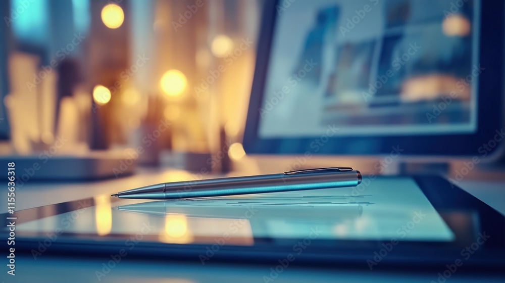 Poster Pen rests on tablet near computer screen showing graphs in a dimly lit office.