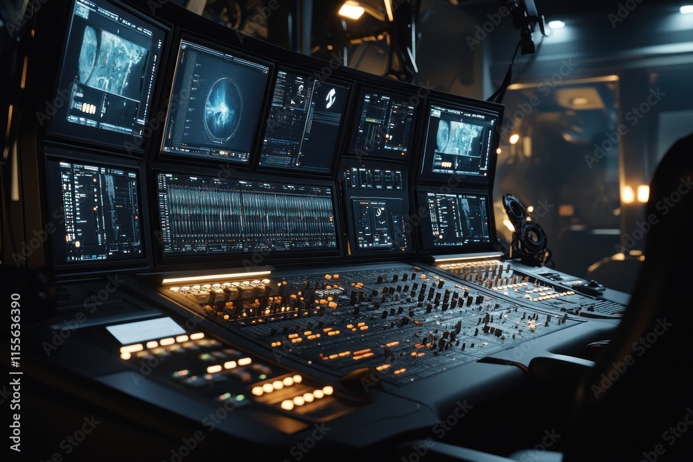 Leinwandbilder Futuristic audio-visual control room with multiple monitors and mixing console.