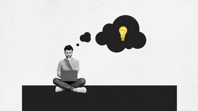 Trend motion collage video of serious freelancer man hold laptop light bulb development idea finding blackout
