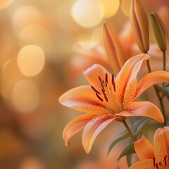 Fototapeta premium Beautiful orange lilies bloom in a soft, warm light during a serene garden setting