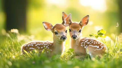 Fototapeta premium Two adorable fawns resting together in a sunlit meadow filled with greenery.