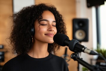 A young vocal artist, equipped with headphones, sings deeply into a microphone, embodying the spirit of music, creativity, and self-expression in a professional studio environment.