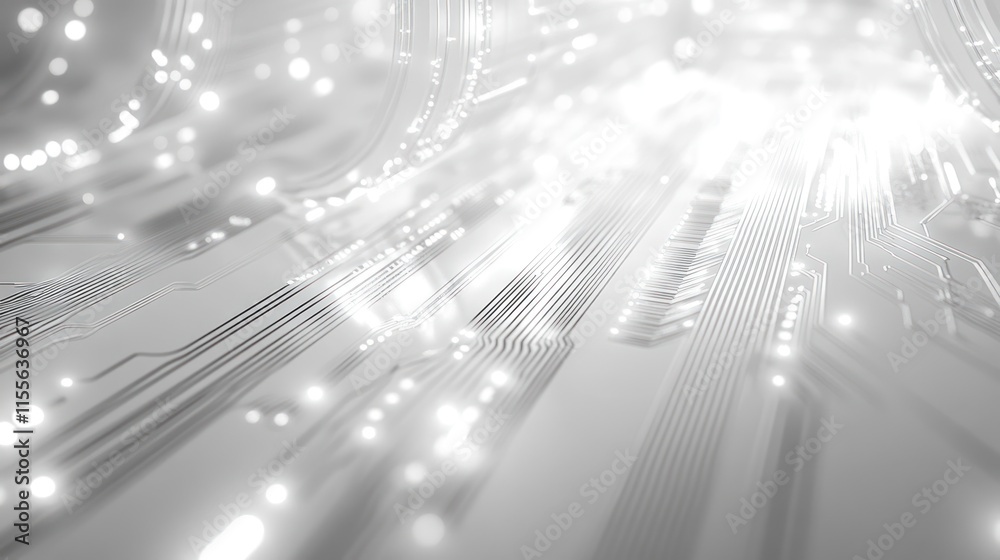 Poster Abstract grayscale circuit board with glowing lines and particles, representing digital technology and data flow.