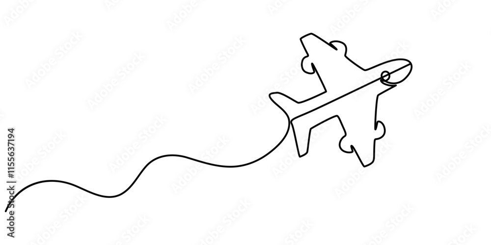 Poster airplane line art style vector with transparent background, continuous one line art drawing of airpl