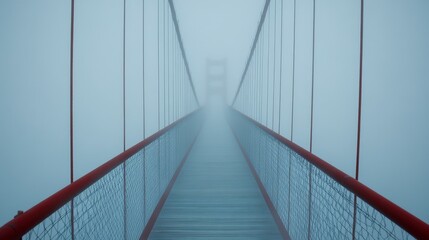 Obraz premium Foggy suspension bridge pathway disappearing into mist.