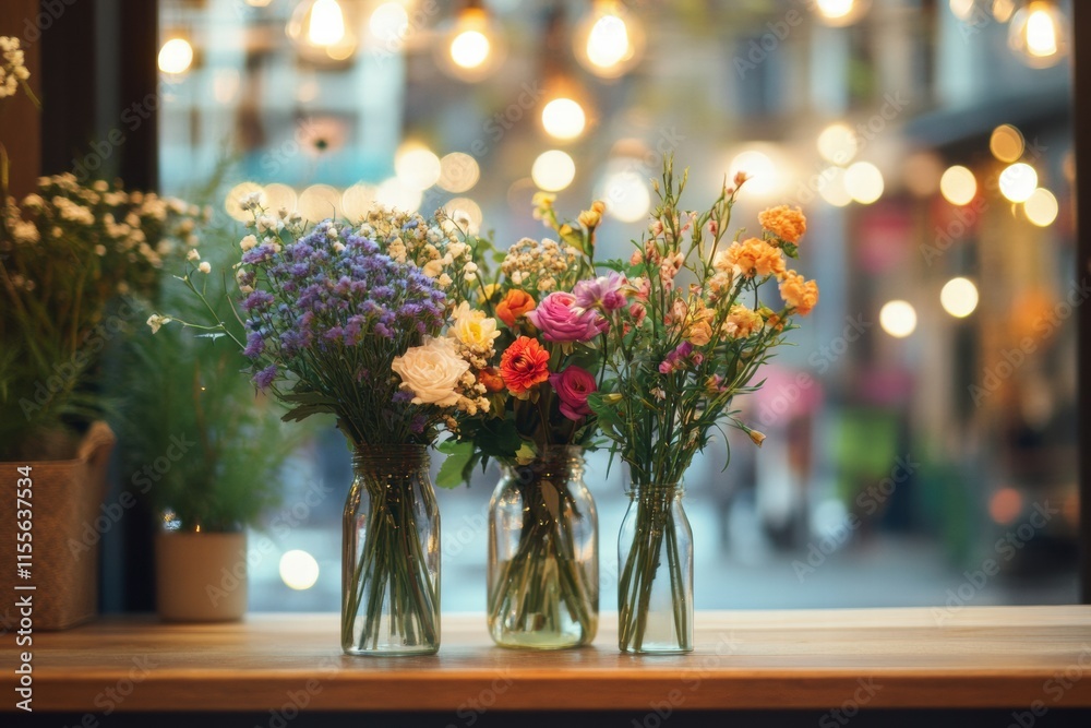 Poster stylish storefront display featuring colorful flowers in glass vases overlooking a lively street sce