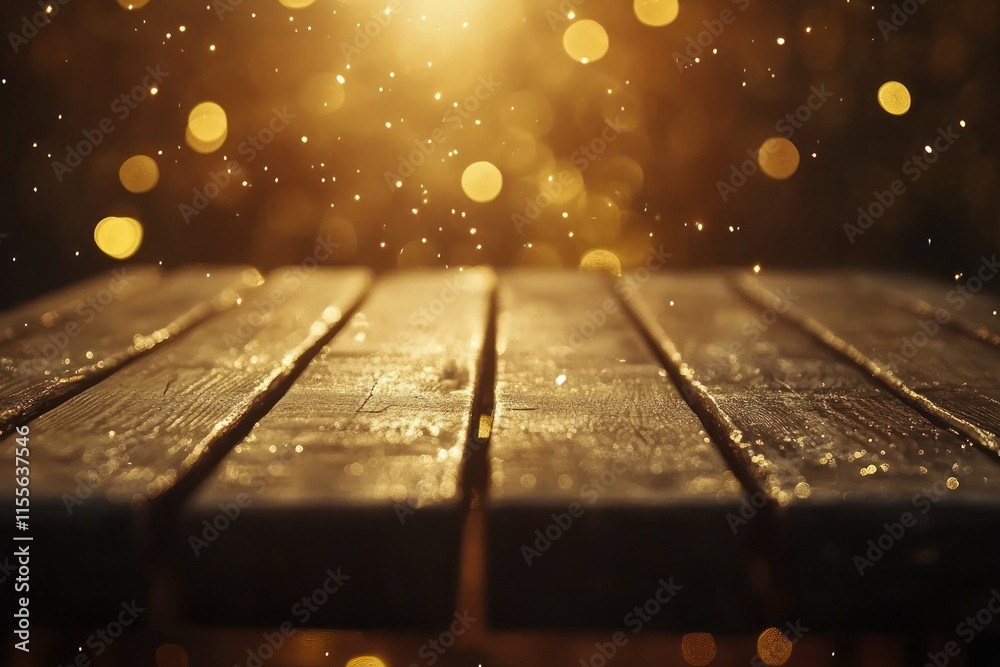 Poster dark wooden table with bokeh lights.