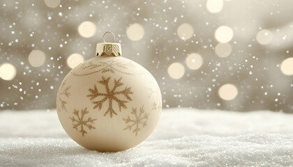 Elegant cream Christmas bauble adorned with gold snowflakes, resting on faux snow against a bokeh background. Perfect for holiday cards, websites, and festive designs.