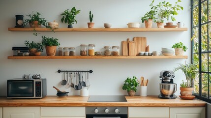 Hostel kitchen with vintage appliances, warm wood shelves, and potted plants, cozy and homey