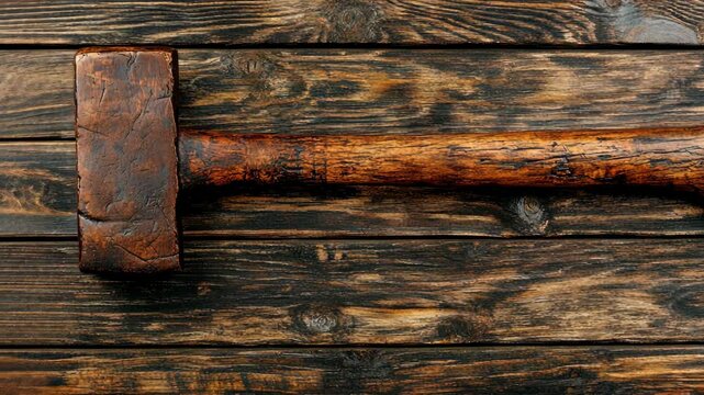 Weathered wooden mallet resting on a rustic wooden surface with a natural grain pattern