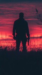Silhouette of a person standing against a dramatic sunset with a firearm in hand