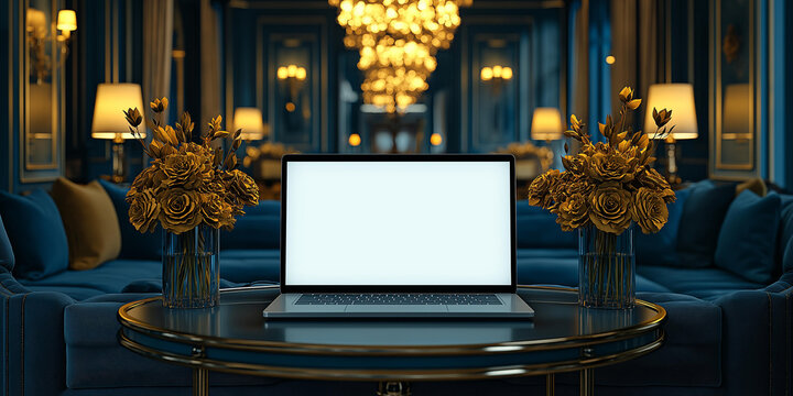 Elegant Laptop Mockup in Luxurious Interior Setting with Golden Floral Arrangements Perfect for High End Design Presentations
