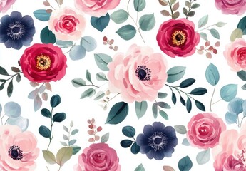 Elegant Floral Pattern with Soft Pink, Red, and Blue Flowers on White Background Perfect for Home Decor, Textile Design, and Stylish Stationery Creation